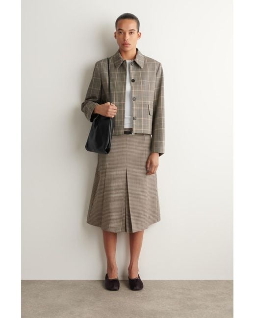 COS Natural Box-Pleat Checked Wool Midi Skirt