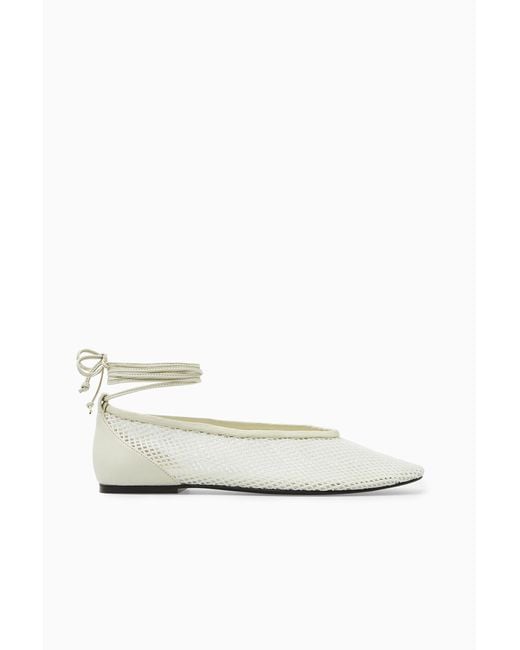 COS White Leather-trimmed Mesh Ballet Flats