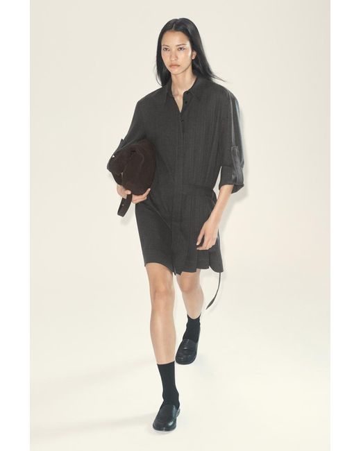 COS Gray Half-Pleated Wool Mini Shirt Dress