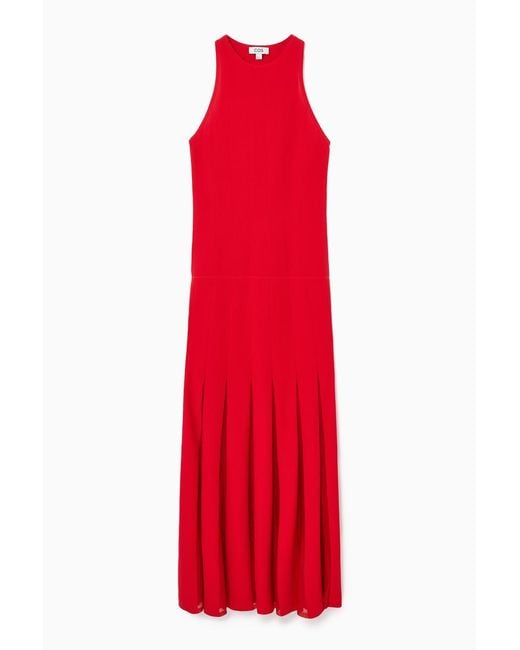 COS Red Pleated Racer-neck Maxi Dress