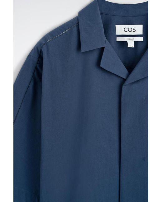 COS Blue Embroidered Camp-Collar Pima Cotton Shirt for men