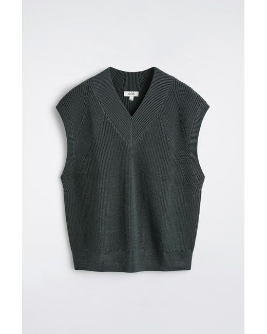 COS Black Ribbed Wool V-Neck Sweater Vest for men