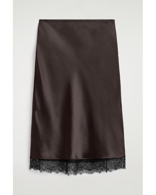 COS Brown Lace-Trimmed Satin Midi Skirt