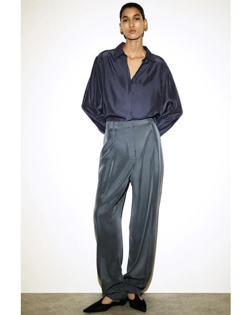COS Blue Crinkled-Silk Straight-Leg Pants