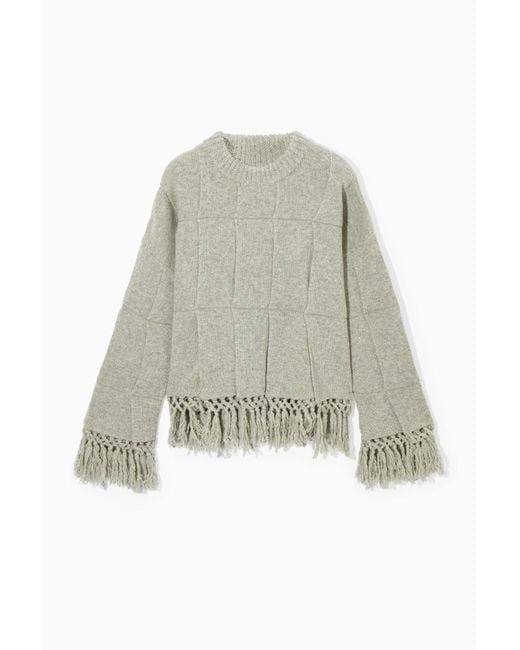 COS White Fringed Panelled Wool Jumper