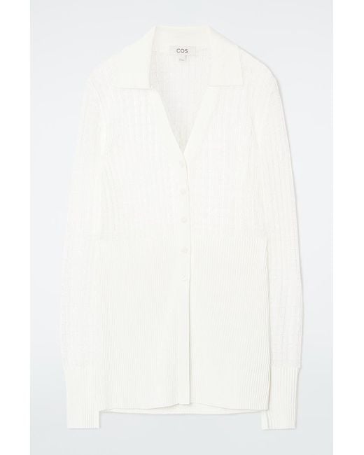 COS White Lace-stitch Ribbed-knit Cardigan