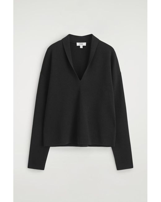 COS Black Draped Merino Wool V-Neck Sweater