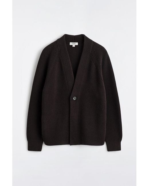 COS Black Chunky Ribbed Wool V-Neck Cardigan for men
