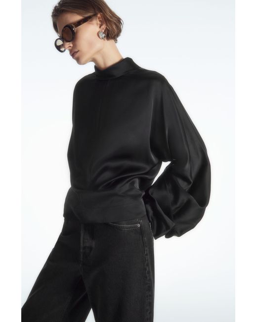 COS Black Pleated-sleeve High-neck Blouse