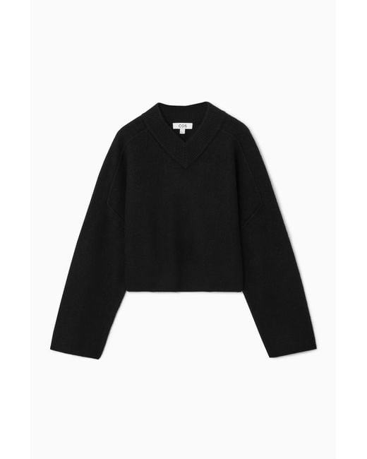 COS Black Cropped V-neck Wool Sweater
