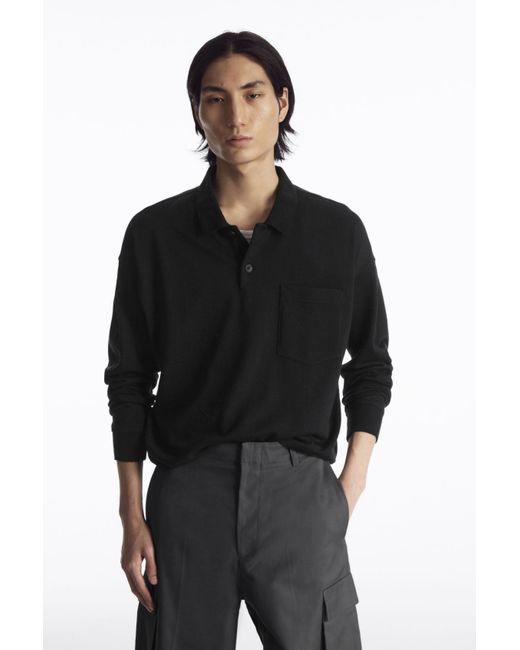 COS Black Knitted Wool Polo Shirt for men