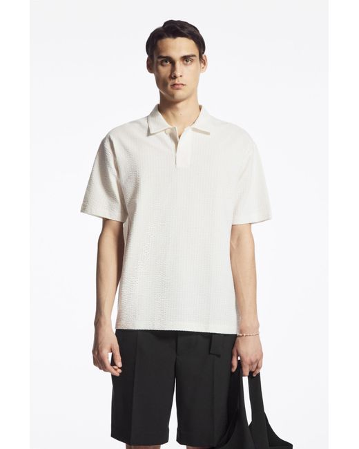 COS White Camp-collar Seersucker Polo Shirt for men