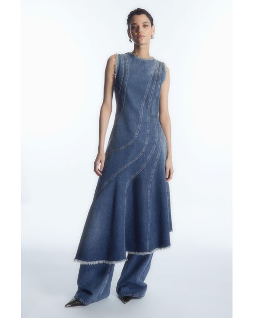 COS Blue Asymmetric Panelled Denim Midi Dress