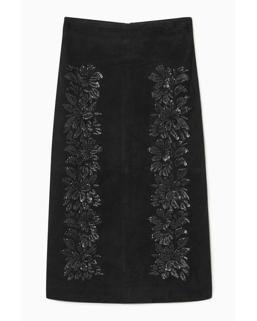 COS Black Sequinned Suede Midi Skirt