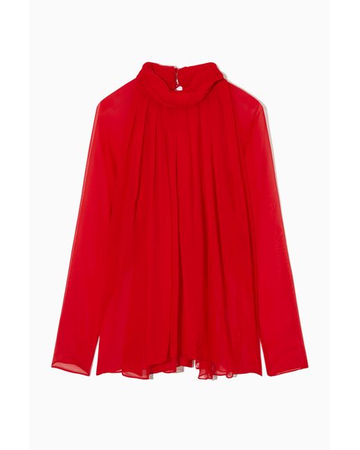 COS Red Oversized Pleated Sheer Silk Blouse