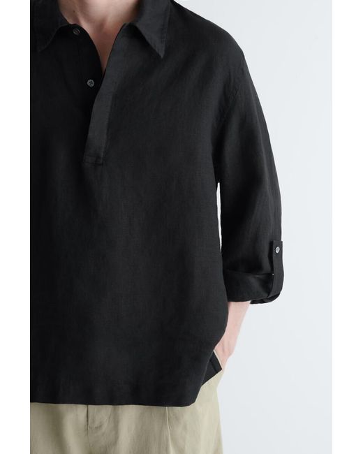 COS Black Linen Popover Shirt for men