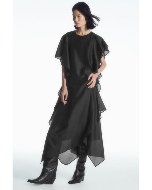 COS Black Ruffled Asymmetric Midi Dress