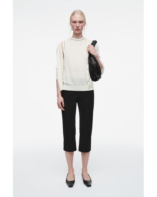 COS White Merino Wool-Linen Blend V-Neck Cardigan