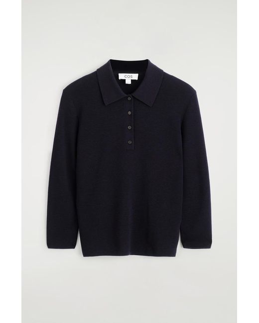 COS Blue Cropped-Sleeve Merino Wool Polo Shirt