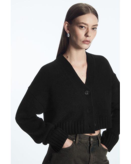 COS Black Cropped V-neck Wool Sweater