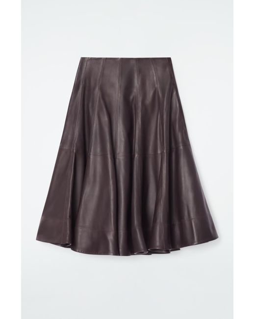 COS Brown Voluminous A-line Leather Midi Skirt