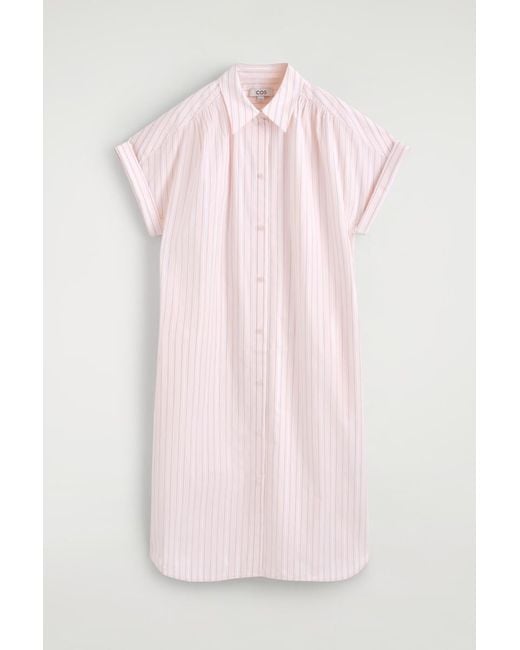 COS Pink Striped Short-Sleeved Cotton Shirt Dress