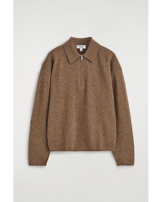 COS Brown Merino Wool-Yak Zip-Up Polo Shirt