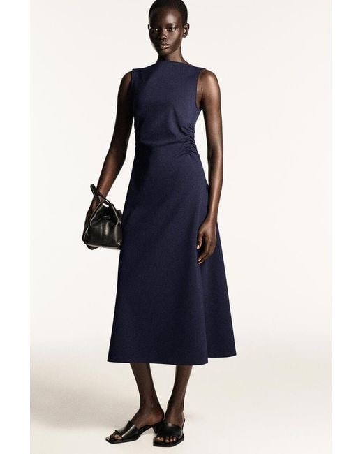 COS Blue Ruched-Waist Cotton-Jersey Midi Dress