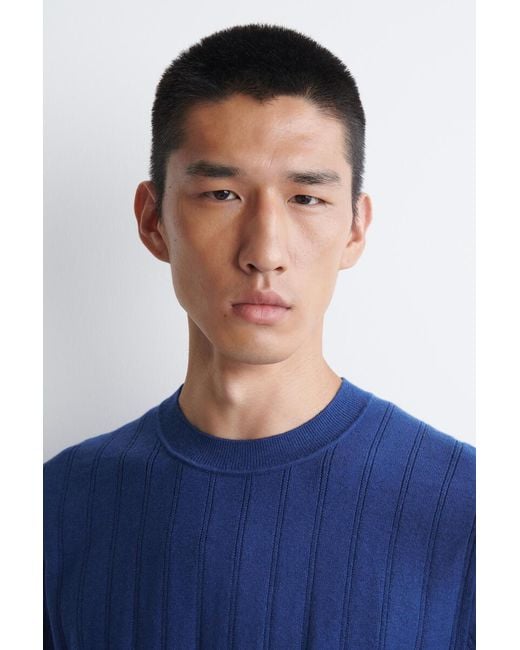 COS Blue Ribbed Merino Wool-Cotton T-Shirt for men
