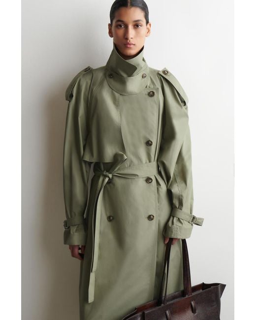 COS Green Mock-Neck Cotton Trench Coat