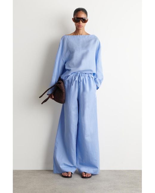 COS Blue Boat-Neck Linen Blouse