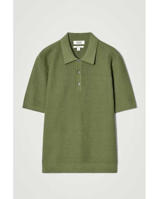 COS Green Textured Knitted Cotton Polo Shirt for men