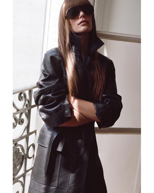 COS Black Belted Leather Workwear Jacket