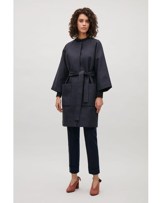 COS Blue Collarless Coat With Belt