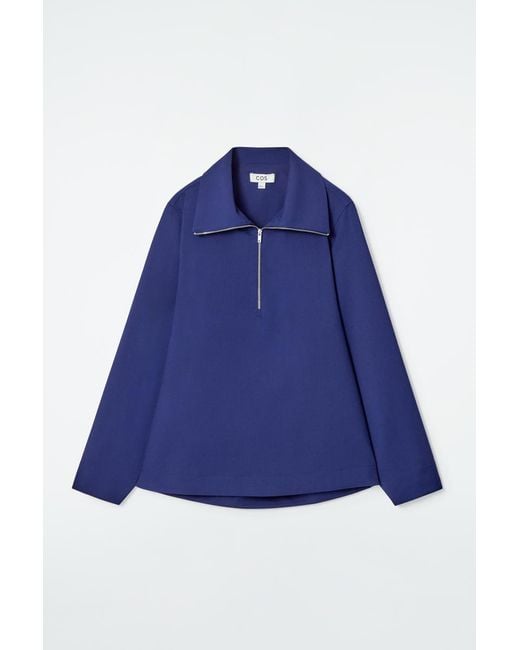 COS Blue Wool-Blend Half-Zip Blouse