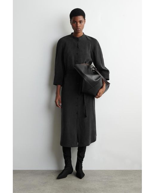 COS Black Belted Collarless Midi Shirt Dress
