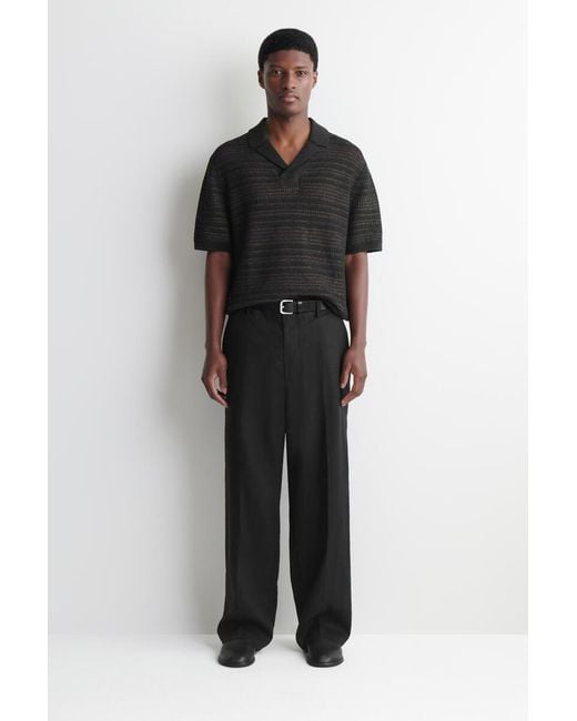 COS Black Striped Open-Knit Polo Shirt for men