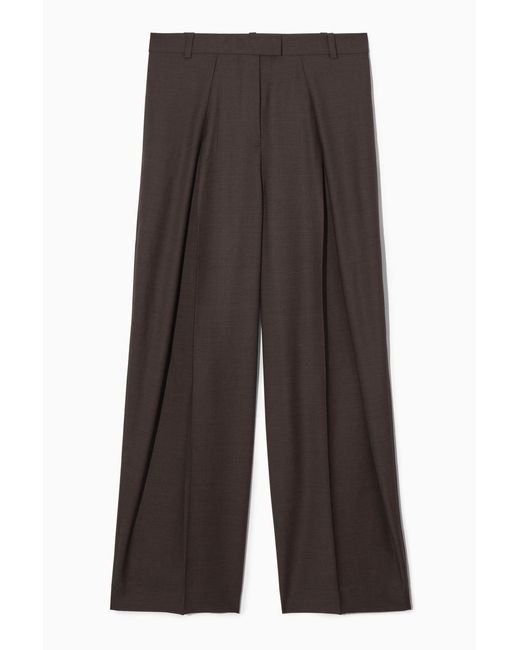 COS Relaxed Pleated Wool Wide-leg Trousers In Brown