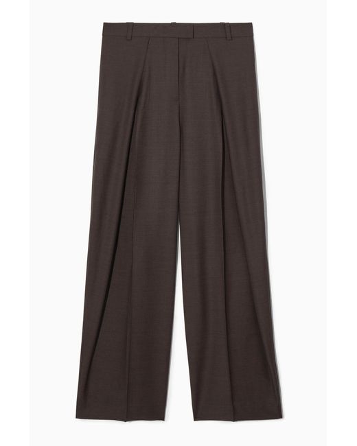 COS Relaxed Pleated Wool Wide-leg Trousers In Brown
