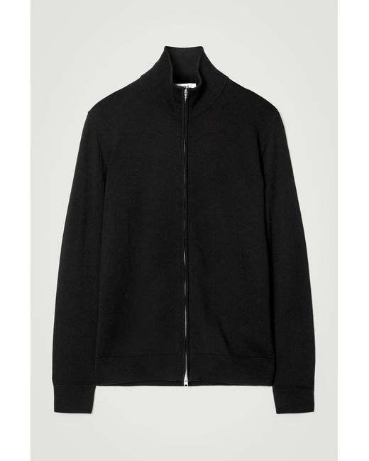 COS Black Funnel-neck Merino Wool Zip-up Cardigan for men