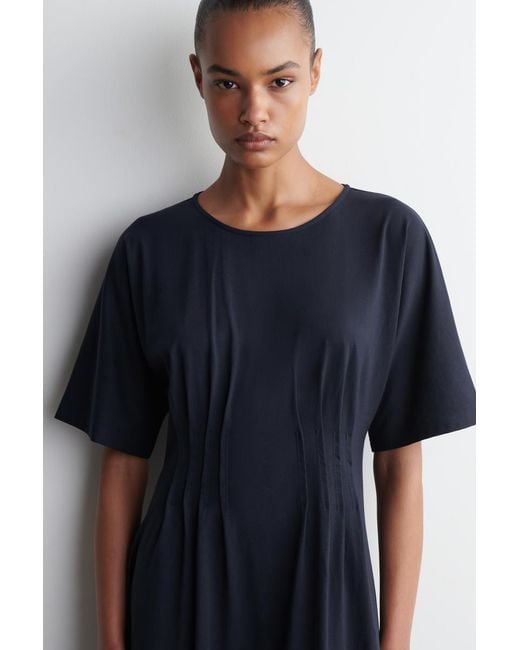 COS Blue Pintucked Cotton Midi Dress