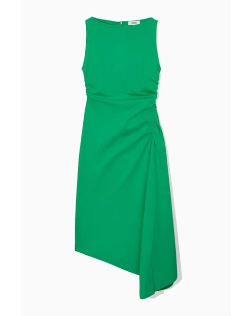COS Asymmetric Gathered Midi Dress in Green