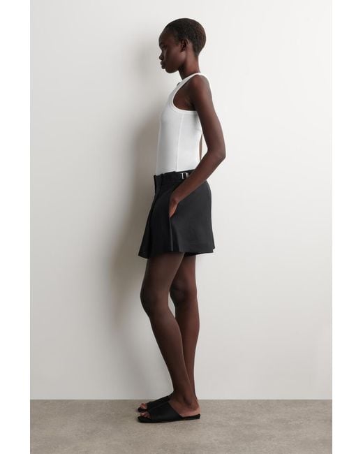 COS Black Pleated Belted Linen Shorts