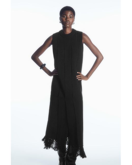 COS Black Fringed Panelled Wool Midi Dress
