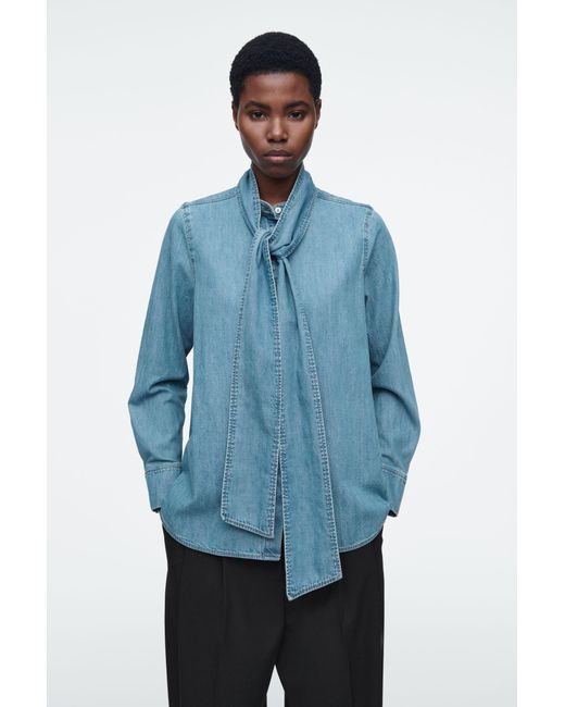 COS Blue Neck-tie Denim Blouse