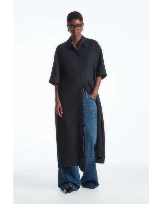 COS Black Oversized Short-sleeved Linen Midi Dress