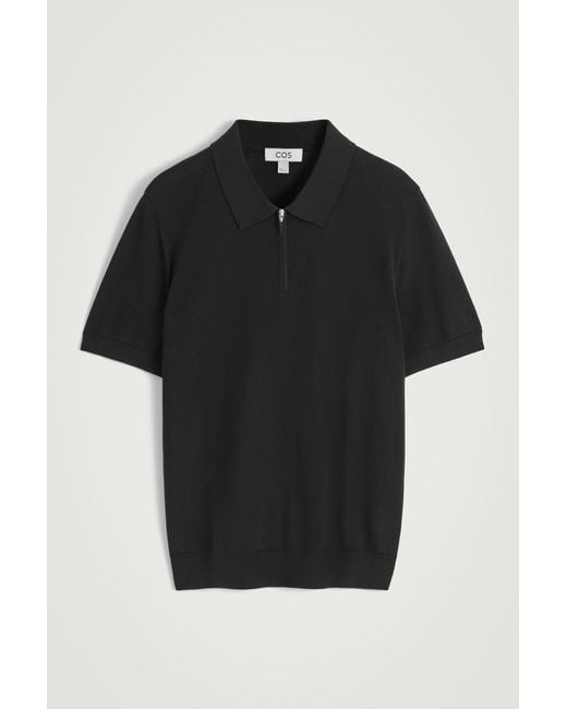 COS Black Slim Knitted Silk Zip-Up Polo Shirt for men