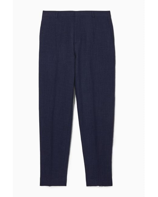 COS Blue Tapered Textured-seersucker Trousers In Navy for men