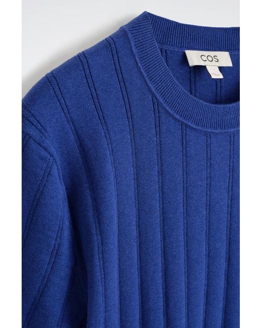 COS Blue Ribbed Merino Wool-Cotton T-Shirt for men