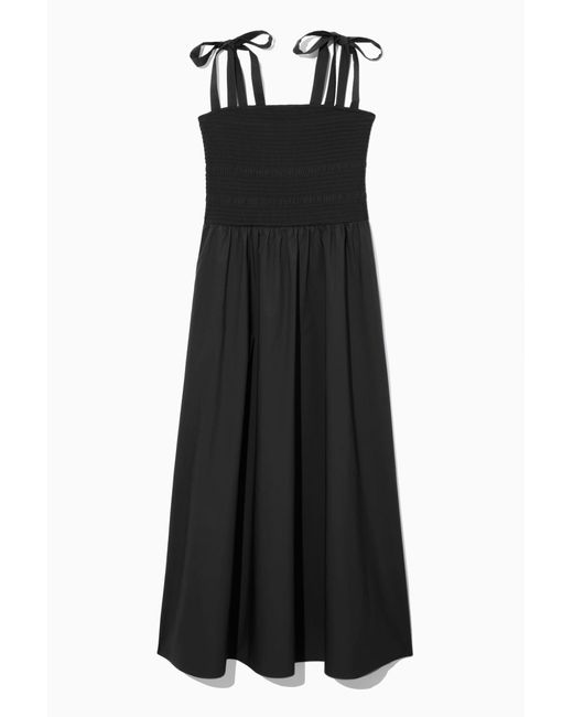 COS Black Tie-detail Smocked Midi Dress